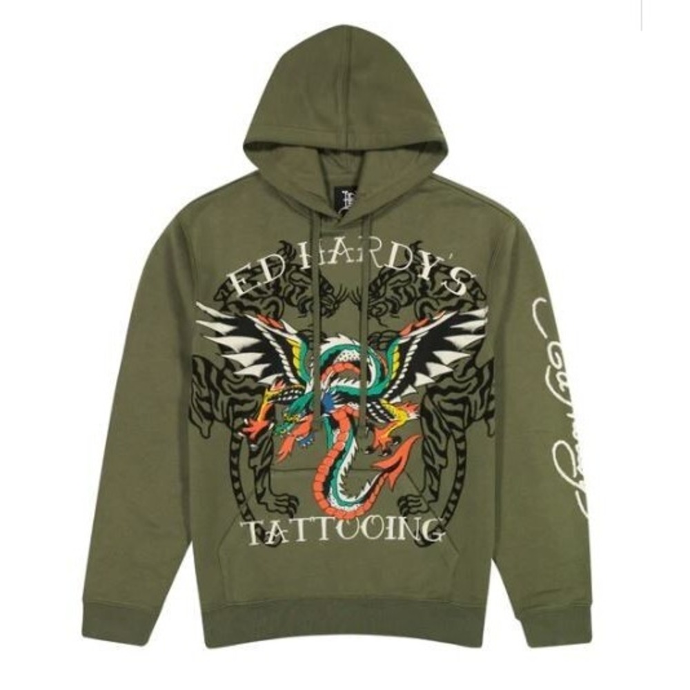 Ed Hardy Mens Hoodie Medium Dragon Wings Tiger Tattoo Green Pullover Sweater NEW